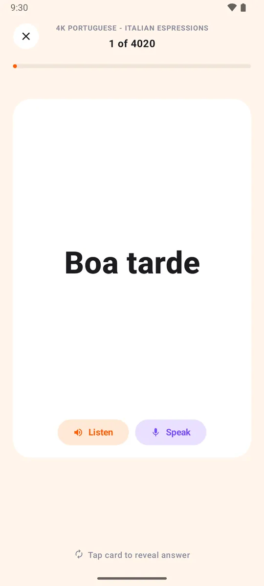 A study card with Listen and Speak buttons