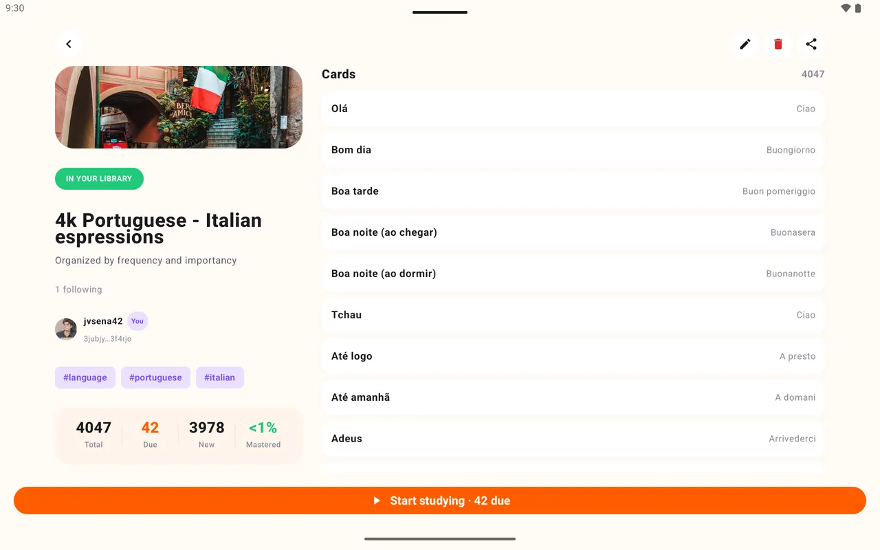 A deck on a tablet, its stats beside the full card list